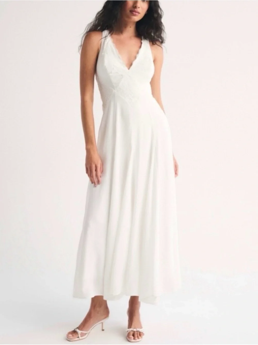 White V-Neck Lace Trim Maxi Dress-Abercrombie and Fitch Wedding